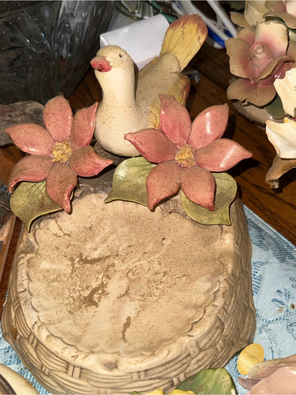 Capodimonte Ceramic Bird Dish with Pink Flower Accents